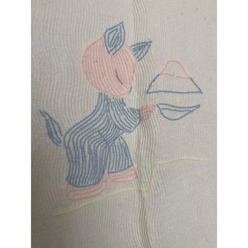 Vintage 1940s–1950s Baby Chenille Crib Blanket 40x61 Blue Pink Kitten Nursery